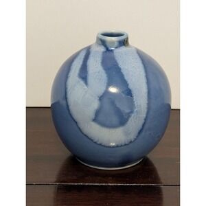 Vintage Japanese Studio Pottery Bud Vase Blue Drip Glaze Round Orb Vase Japan